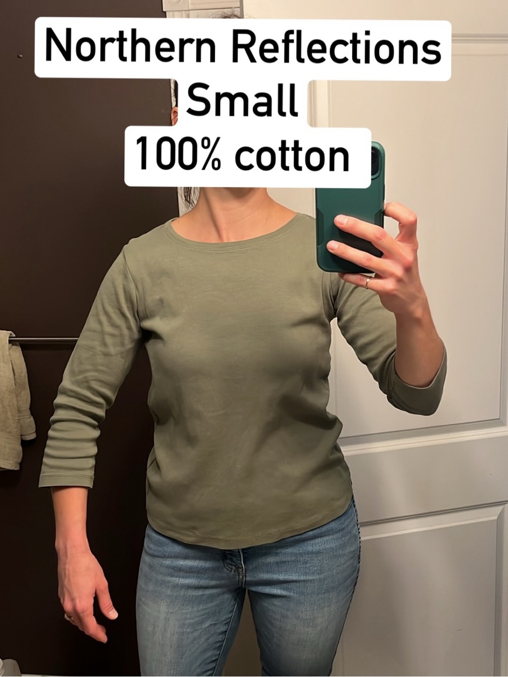 Northern Reflections Sage Green Cotton boatneck Top - Women's Small. 3/4 sleeves